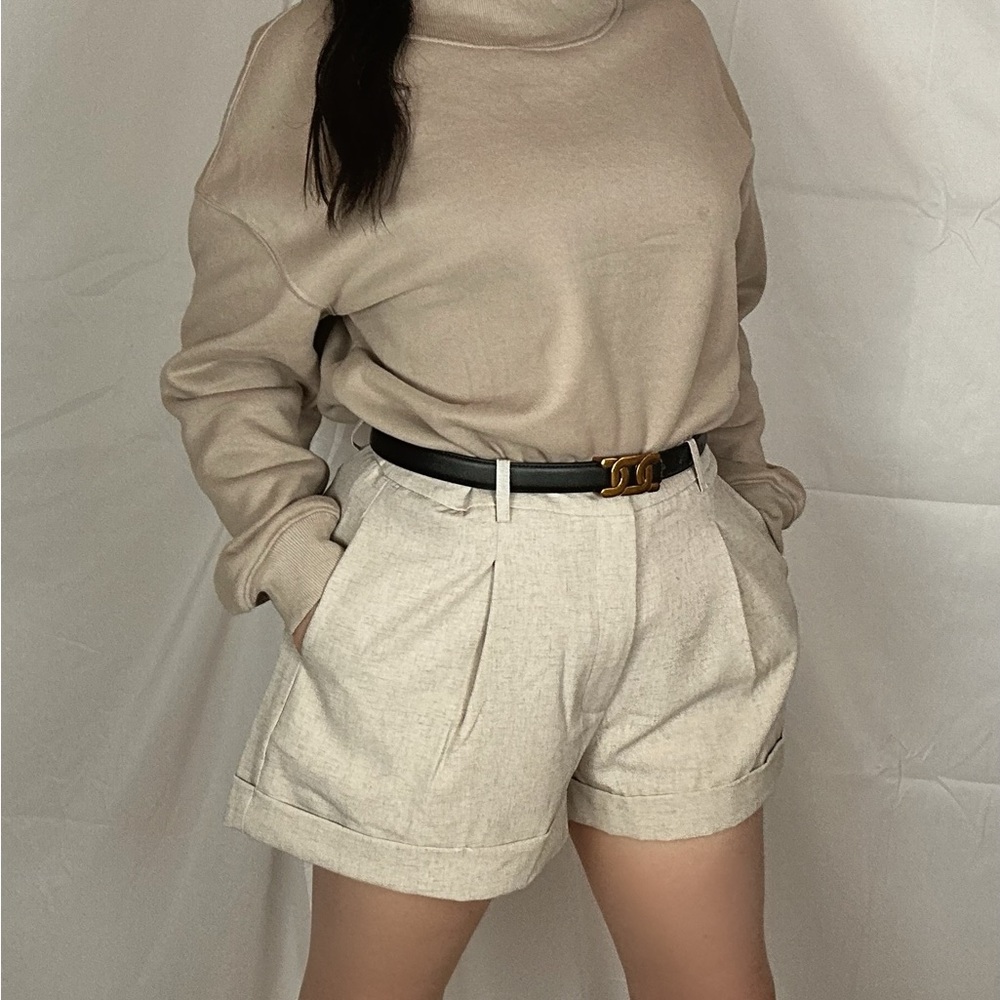 High-Waisted Linen-blend Shorts | Pleated Cream Tailored Shorts (Size L)